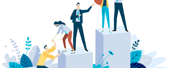 Illustration of a team climbing blocks, symbolizing organizational leadership and team growth