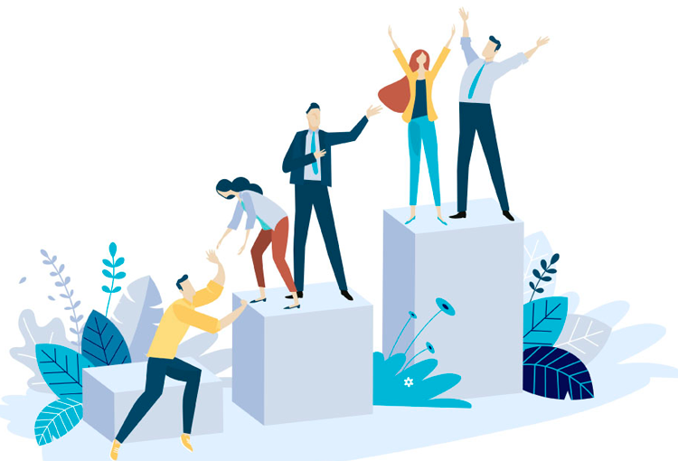 Illustration of a team climbing blocks, symbolizing organizational leadership and team growth