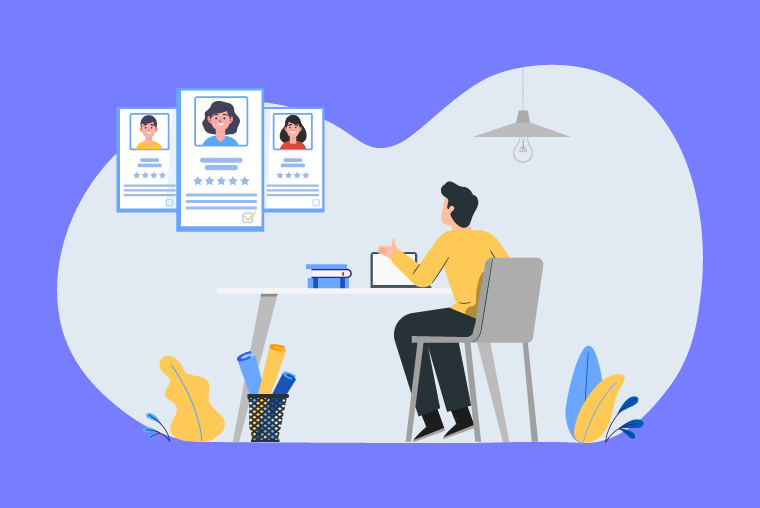 Illustration of a person reviewing candidate profiles, representing the evaluation step in the talent selection process