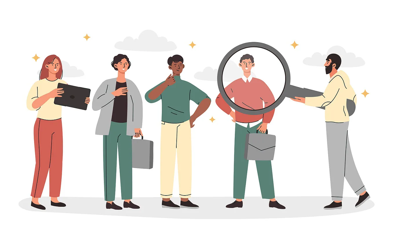 Illustration of a group of professionals with one being highlighted, symbolizing the talent selection process